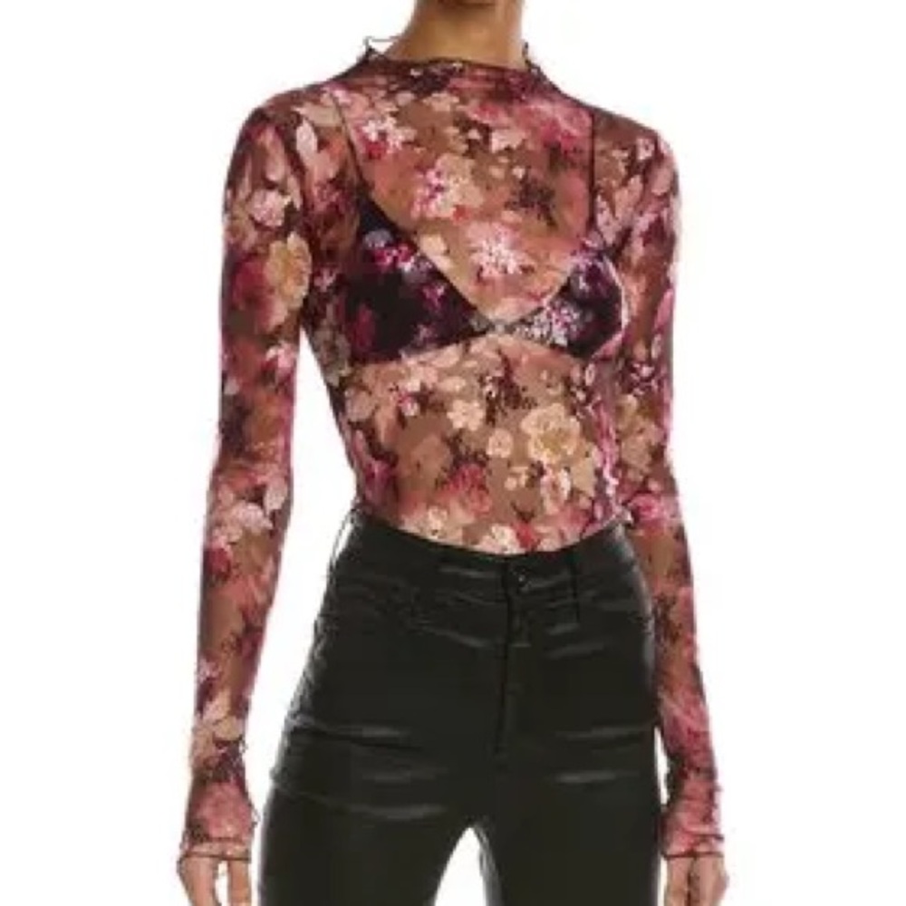 Free People Floral Mesh Long Sleeve Top in Burgundy and Pink